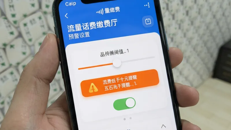 流量话费缴费厅 预警设置页面 手机屏幕显示阈值滑块 话费低于十元提醒 流量低于五百兆提醒 开关按钮 橙色高亮提示 简洁界面