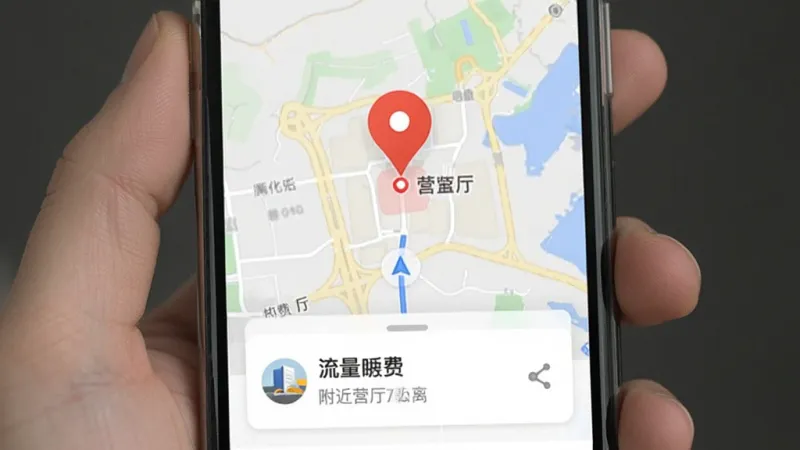 流量话费缴费厅 附近营业厅地图界面 手机屏幕显示地图 上面有红色定位图标标记营业厅位置 底部卡片显示营业厅名称和距离 简洁导航风格