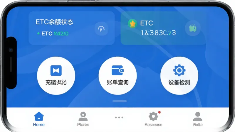 ETC高速管家 手机应用主界面 蓝白配色 顶部显示ETC余额和状态卡片 中间是充值 账单查询 设备检测三个圆形功能按钮 底部导航栏简洁 现代扁平化风格 画质干净 无多余元素