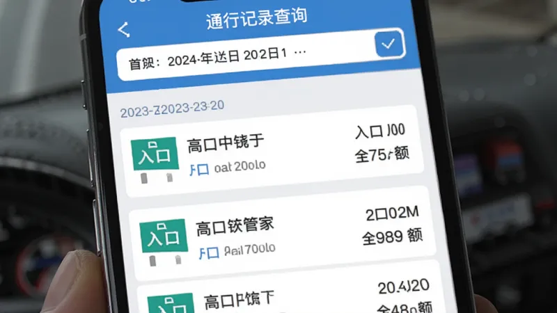 ETC高速管家 通行记录查询界面 手机屏幕显示按日期排列的高速通行账单列表 每条记录包含入口出口和金额 顶部有日期筛选栏 界面整洁 蓝白配色 扁平化设计 画质干净