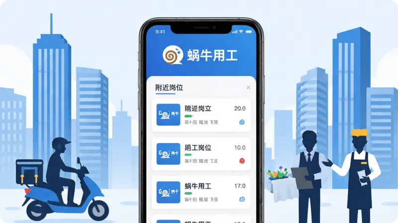 蜗牛用工APP主界面截图，画面中央是手机屏幕，屏幕内显示蜗牛用工的LOGO和附近岗位列表，背景是城市写字楼与外卖骑手、服务员等灵活就业人群的剪影，布局简洁，风格现代扁平，色彩以蓝白为主，细节清晰，画质干净，无多余元素