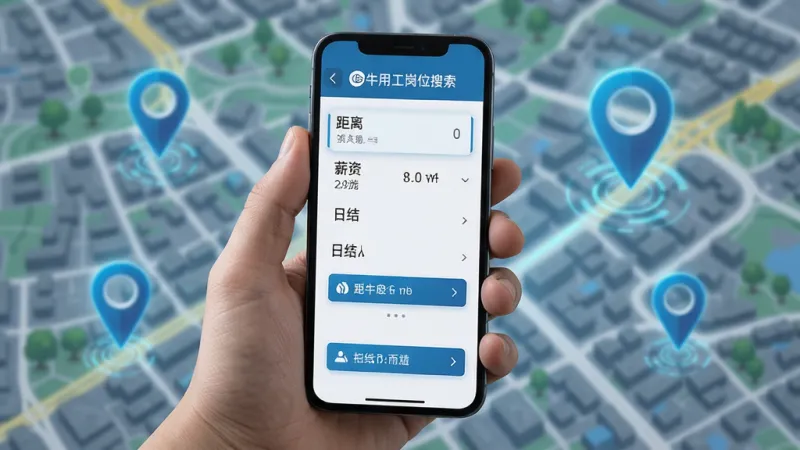 蜗牛用工岗位搜索界面，画面中一只手拿着手机，屏幕显示筛选条件选项，包括距离、薪资、日结等按钮，背景是城市地图和定位图标，风格科技感，细节清晰，画质干净，无多余元素