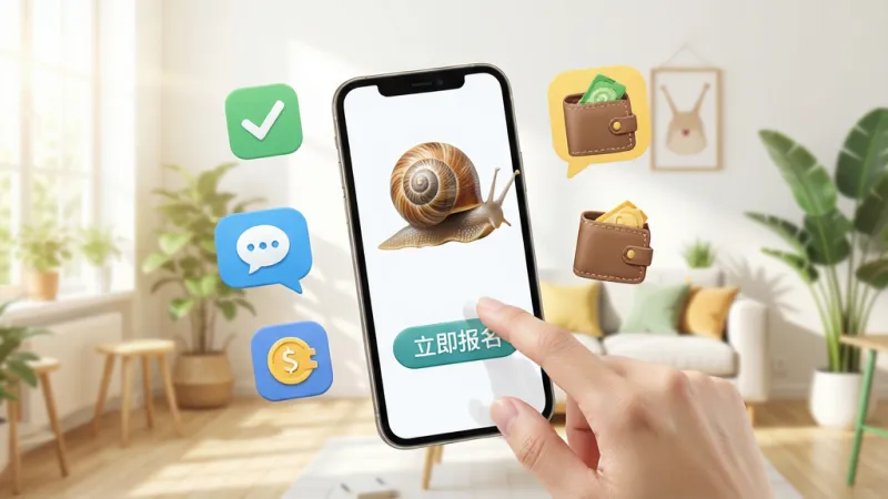 蜗牛用工手机操作演示图，画面中一只手点击手机屏幕上的“立即报名”按钮，屏幕周围漂浮着勾选、聊天、钱包等图标，背景是明亮的室内场景，风格轻松活泼，细节清晰，画质干净，无多余元素