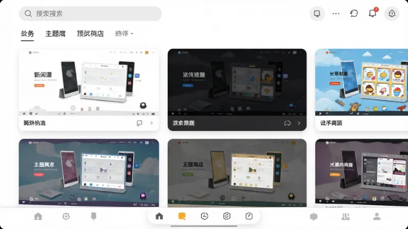 一张展示万能主题组件应用内主题商店界面的图片,画面中显示多款不同风格的主题卡片整齐排列,有简约风、暗黑风、卡通风等,每张卡片上展示着对应的桌面预览效果,界面顶部有搜索栏和分类标签,底部有导航按钮,整体布局清晰,风格现代扁平,画质干净无多余元素