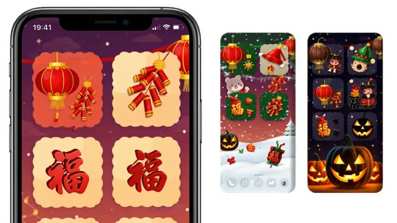 一张展示万能主题组件节日限定主题的图片,画面中手机屏幕上显示着春节主题的桌面效果,有红灯笼、鞭炮、福字等元素组成的小组件,色彩喜庆热烈,旁边还有圣诞主题和万圣节主题的预览缩略图,风格欢乐活泼,画质高清,干净无多余元素