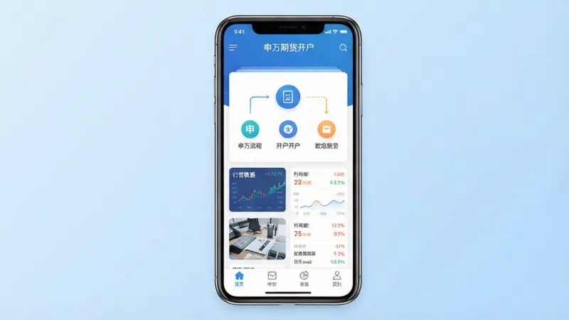一张展示申万期货开户APP核心界面的图片，画面中央是一部智能手机，手机屏幕上显示着申万期货开户的首页界面，上方有“申万期货开户”字样，中间是清晰的开户流程指引图标和行情数据卡片，底部是功能导航栏，背景是浅蓝色渐变，风格现代简洁，画质干净，无多余元素