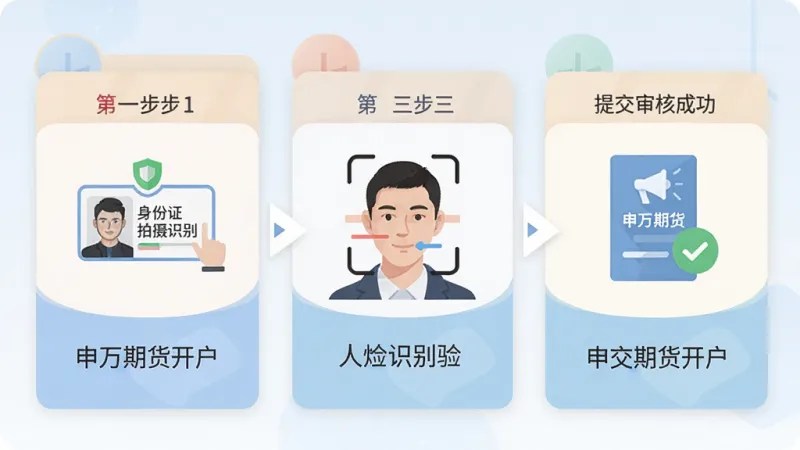 一张展示申万期货开户APP开户流程的图片，画面分为三个步骤卡片，第一步是身份证拍摄识别，第二步是人脸识别验证，第三步是提交审核成功，每个卡片上有对应的图标和“申万期货开户”文字，整体风格扁平化，色彩柔和，画质清晰，无多余元素