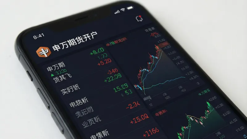 一张展示申万期货开户APP行情界面的图片，画面中手机屏幕上显示着多个期货品种的实时行情列表，有“申万期货开户”标识，红绿涨跌数字清晰可见，背景是深色模式，图表线条流畅，风格专业金融感，画质干净，无多余元素