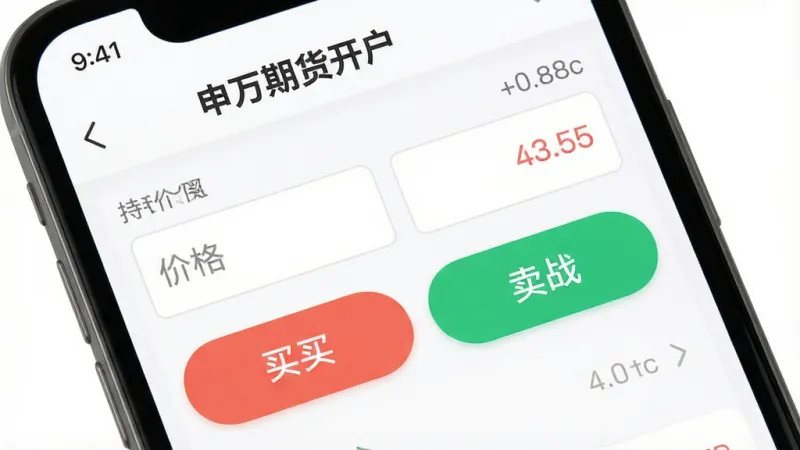 一张展示申万期货开户APP交易下单界面的图片，画面中手机屏幕上显示着买入卖出的操作按钮，价格输入框，以及“申万期货开户”的文字标识，旁边有持仓盈亏的数字显示，背景是白色简洁风格，按钮圆润，画质干净，无多余元素