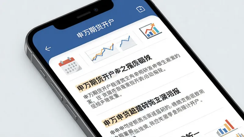 一张展示申万期货开户APP资讯研报页面的图片，画面中手机屏幕上显示着多篇研报标题和摘要，有“申万期货开户”字样，旁边有日历和图表小图标，背景是浅灰色，文字排版清晰，风格商务阅读感，画质干净，无多余元素