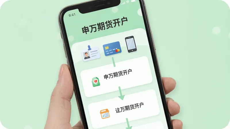 一张展示申万期货开户APP新手引导页面的图片，画面中手机屏幕上显示着开户步骤的图文指引，有“申万期货开户”标题，旁边有身份证、银行卡、手机等小图标，背景是柔和的浅绿色，风格友好亲切，画质干净，无多余元素