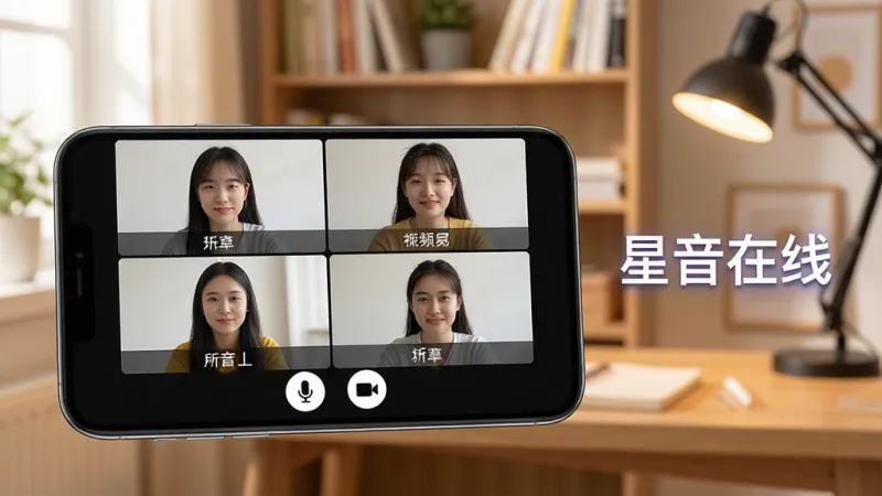 一张展示星音在线高清音视频互动功能的图片，画面中一部手机横屏放置，屏幕上同时显示四个用户的视频通话窗口，每个窗口下方标注着用户昵称，屏幕底部有麦克风和摄像头的控制按钮，画面右侧漂浮着“星音在线”文字标识，背景是温馨的书房环境，风格写实明亮，画质清晰干净
