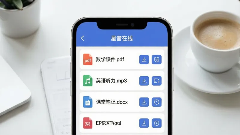 一张展示星音在线学习资料云共享功能的图片，画面中央是一部手机，屏幕显示资料库界面，列表中有“数学课件.pdf”“英语听力.mp3”“课堂笔记.docx”等文件条目，每个文件左侧有对应的格式图标，右侧有下载和缓存按钮，屏幕顶部有“星音在线”文字标识，背景是整洁的桌面和一杯咖啡，风格现代简约，画质干净清晰
