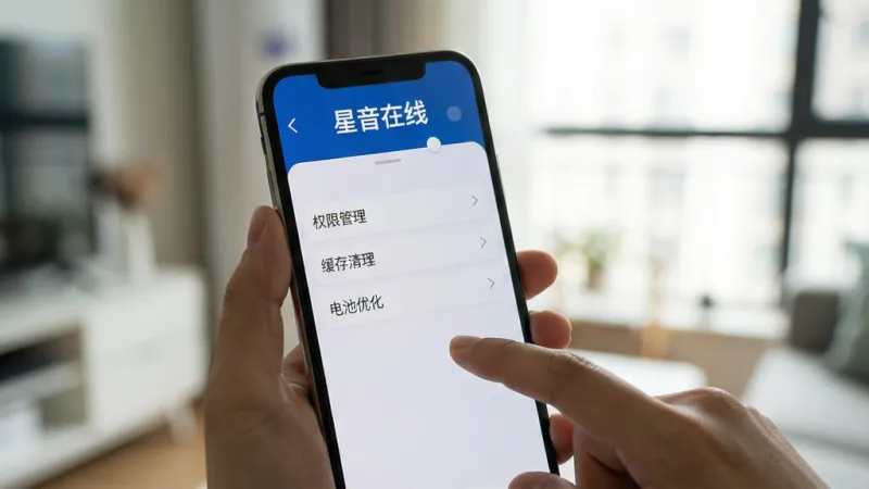 一张展示星音在线移动端使用攻略的图片，画面中一部手机握在手中，屏幕显示星音在线的设置界面，可以看到“权限管理”“缓存清理”“电池优化”等选项，旁边有手指正在点击屏幕，屏幕上方有“星音在线”文字标识，背景是模糊的室内环境，风格写实清晰，画质干净无多余元素