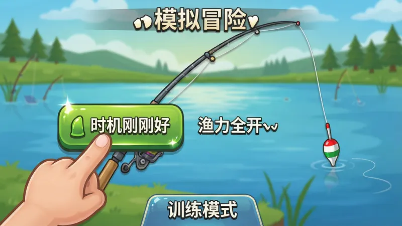 渔力全开模拟冒险新手教程界面，画面中一只卡通手指正在点击屏幕上的提竿按钮，旁边有文字提示“时机刚刚好”，背景是湖边钓点，有浮漂和鱼线，界面下方有训练模式标签，风格为游戏引导界面设计，细节包括按钮高光和文字阴影，画质干净清晰无多余元素