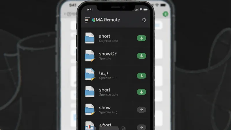 一张展示 MA Remote 文件管理界面的示意图，画面主体是手机屏幕上的文件列表，布局为竖向列表展示多个show文件，风格为简洁现代扁平化，细节包括文件图标和同步按钮，画质清晰，干净，无多余元素