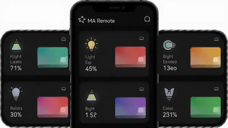 一张展示 MA Remote 实时状态反馈界面的示意图，画面主体是手机屏幕上的灯具状态图标和数值，布局为网格状排列多个灯具状态卡片，风格为深色科技风，细节包括亮度百分比和颜色色块，画质清晰，干净，无多余元素