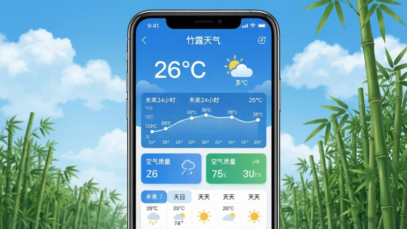 竹露天气APP主界面截图，画面中心展示手机屏幕，屏幕内显示“竹露天气”应用界面，背景是蓝天白云和绿色竹林，界面顶部显示当前温度26℃和晴转多云图标，中部有未来24小时温度曲线图和空气质量卡片，底部是未来7天天气列表，整体风格清新简约，蓝白配色为主，画质干净清晰，无多余元素