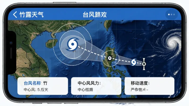 竹露天气台风路径追踪功能界面，手机屏幕显示“竹露天气”的台风路径图，图上有台风图标和预测路径虚线，周围有风力圈标注，下方有台风名称、中心风力、移动速度等数据卡片，背景是深蓝色海洋和云图，整体风格专业清晰，蓝白色调，画质干净，无多余元素