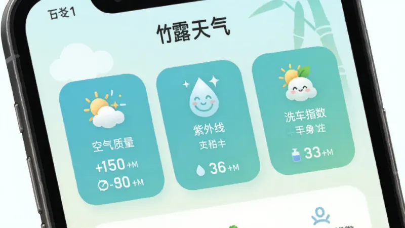 竹露天气生活指数界面截图，手机屏幕显示“竹露天气”应用内的生活指数卡片，包括空气质量、紫外线、穿衣建议、洗车指数等图标和文字说明，背景是浅色渐变，卡片圆角设计，风格清新可爱，蓝绿色调，画质清晰，无多余元素