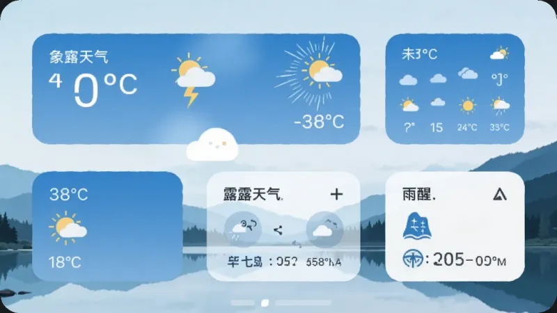 手机桌面展示竹露天气的桌面小组件，屏幕上有多个不同尺寸的天气小组件，分别显示当前温度、未来天气趋势和降雨提醒，桌面壁纸是简约风景图，整体风格整洁统一，蓝白色调，画质清晰，无多余元素