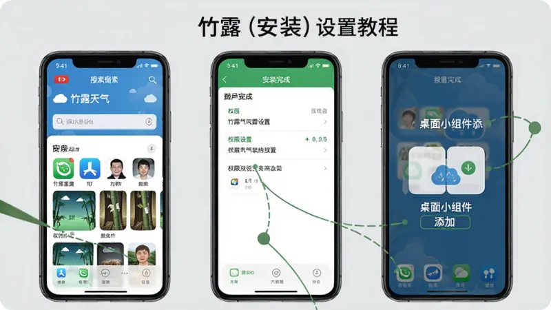 竹露天气安装设置教程示意图，画面展示手机屏幕从应用商店搜索“竹露天气”到安装完成的三个步骤截图，界面清晰标注权限设置和桌面小组件添加入口，背景是浅灰色，风格简洁直观，文字标注明确，画质干净，无多余元素