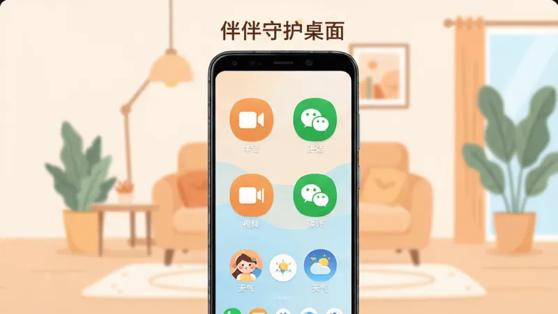 伴伴守护桌面应用主界面全貌展示,画面中央是一部安卓手机,屏幕上显示大字体大图标的桌面布局,顶部有“伴伴守护桌面”文字标识,桌面包含电话、视频通话、微信、天气等大号圆形图标,配色温暖柔和以橙色和浅蓝为主,背景是简洁的居家插画风格,整体排版清晰干净,画质高清无多余元素