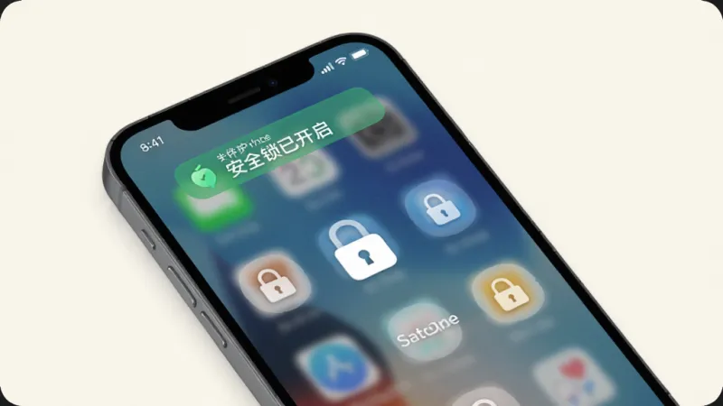 伴伴守护桌面防误触安全锁功能示意,画面中一部手机屏幕显示桌面锁定状态,图标周围有淡淡的锁形标识,屏幕上方有“安全锁已开启”的提示条,背景为柔和米白色,风格扁平化设计,画质清晰,无多余装饰元素