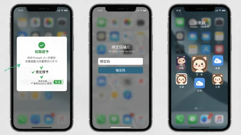 伴伴守护桌面安装设置流程示意图,画面分为三个手机屏幕并排展示,第一屏显示权限授予界面,第二屏显示绑定码输入框,第三屏显示桌面加载完成的大图标界面,背景为浅灰色,风格简洁教程风,画质清晰,文字标注明确,无多余元素