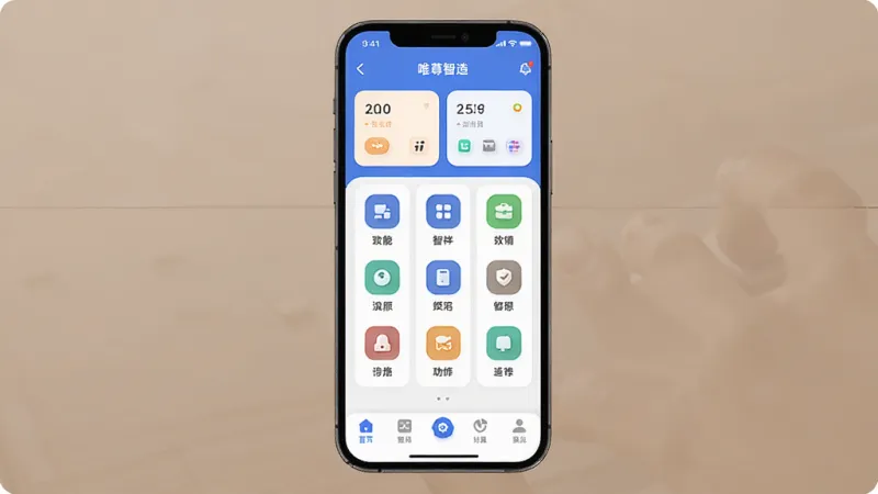 唯尊智造软件主界面全貌展示，主体为手机屏幕中显示唯尊智造应用首页，布局上方是状态卡片，中间是功能入口图标矩阵，下方是底部导航栏，排版清晰有序，风格现代扁平化设计，细节圆润，画质干净无多余元素