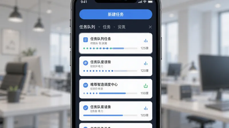 唯尊智造任务调度中心界面，主体为手机屏幕显示任务队列列表和进度条，布局上方是新建任务按钮，中间是任务卡片，排版层次分明，风格简洁商务，细节规整，画质干净无多余元素