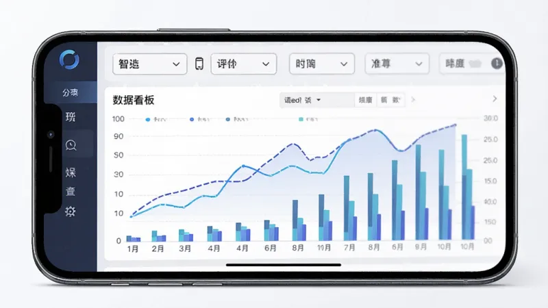 唯尊智造数据看板界面，主体为手机屏幕显示折线图和柱状图组合的数据面板，布局上方是筛选条件，中间是图表区域，排版清晰，风格数据可视化，细节精致，画质干净无多余元素