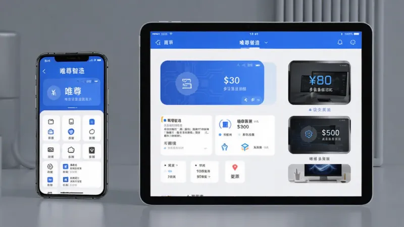 唯尊智造多设备适配展示，主体为手机和平板并排显示唯尊智造应用界面，布局左侧手机右侧平板，排版对称，风格现代科技，细节统一，画质干净无多余元素