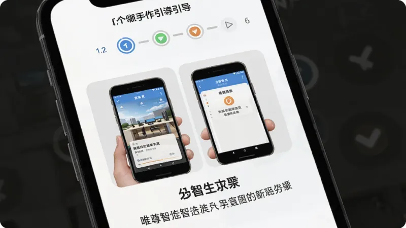 唯尊智造新手操作引导界面，主体为手机屏幕显示分步操作图示，布局上方是步骤指示器，中间是操作截图和文字说明，排版清晰易读，风格友好引导，细节明确，画质干净无多余元素