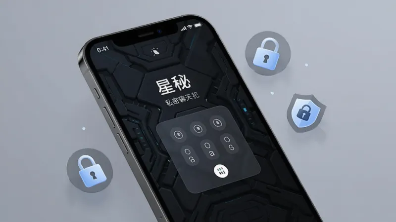 一张展示手机安全锁和聊天界面的图片,画面主体是一部手机,手机屏幕显示“星秘”App的私密聊天锁屏界面,有密码输入框,背景是深色科技感纹理,屏幕旁边漂浮着锁和盾牌图标,风格简约科技感,画质干净,无多余元素