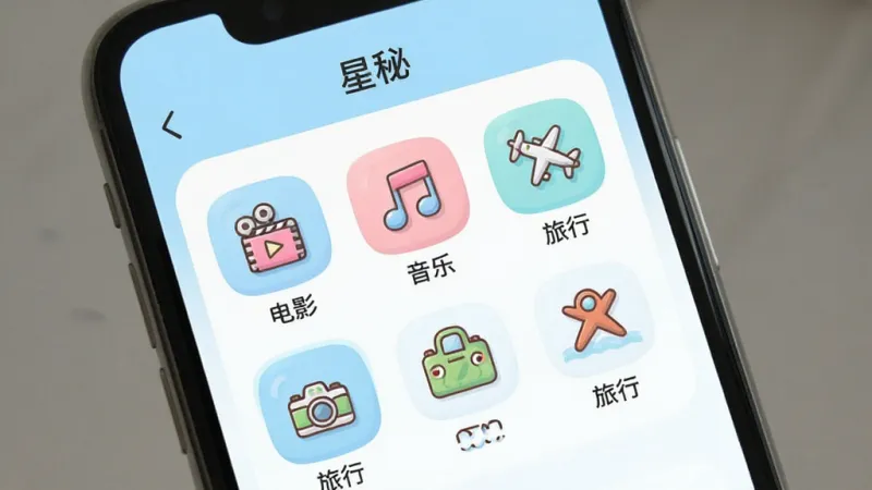 一张展示兴趣标签选择的手机界面图片,画面中央是一部手机,屏幕显示“星秘”App的兴趣标签选择页面,标签有“电影”“音乐”“旅行”等,界面以浅蓝色和白色为主,图标圆润可爱,风格清新明快,画质干净,无多余元素