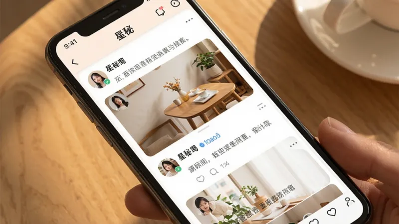 一张展示手机动态广场界面的图片,画面是一部手机,屏幕显示“星秘”App的动态广场,有用户头像、文字内容和配图,布局是瀑布流卡片式,风格温暖生活化,画质清晰,无多余元素