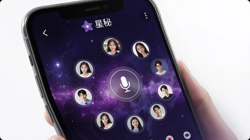 一张展示手机语音房界面的图片,画面是一部手机,屏幕显示“星秘”App的语音房界面,有多个用户头像围成一圈,中间是麦克风图标,背景是深紫色星空风格,画质干净,无多余元素