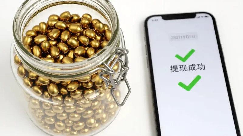 主体是一个透明的玻璃罐子,里面装满了金色的豆子,罐子旁边放着手机,手机屏幕上显示提现成功的通知。布局是左右结构,左边罐子右边手机。风格是写实商业摄影。细节上豆子有金属光泽,手机屏幕显示绿色的成功对勾。画质高清,背景是干净的白色桌面,无多余元素。
