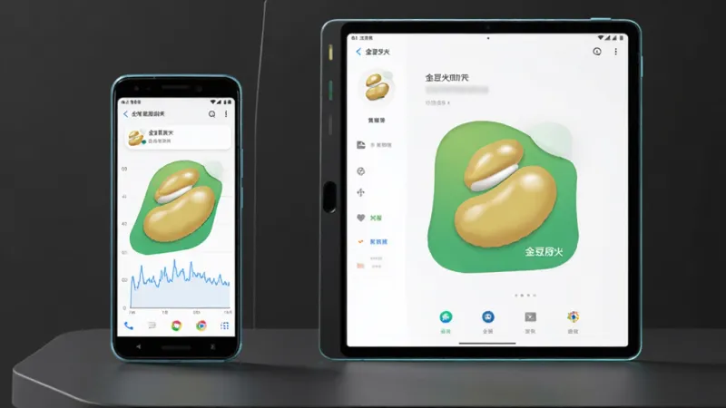 主体是一部安卓手机和一台平板电脑并排放在桌面上,两台设备都显示金豆荚的界面,手机屏幕显示运行流畅的帧率曲线。布局是左右并排。风格是极简科技风。细节上设备边框有微光,背景是深灰色。画质干净,无多余元素。