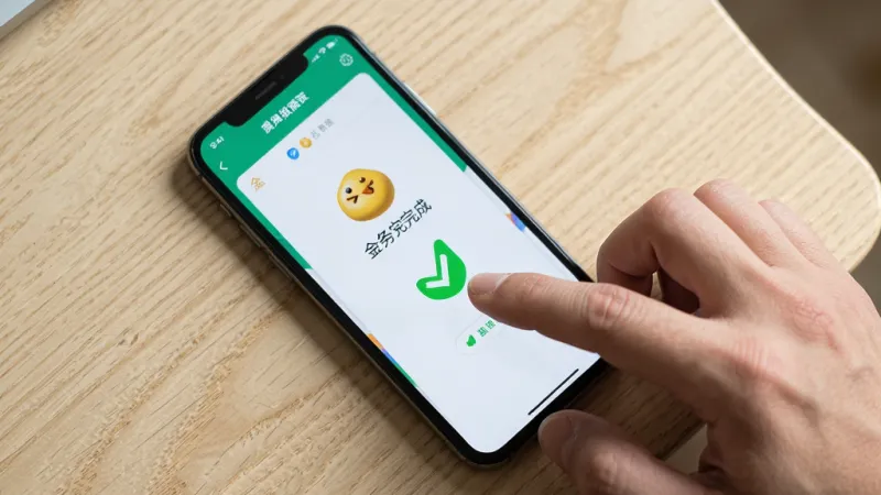 主体是一部手机放在桌面上,屏幕显示金豆荚的任务完成页面,旁边有一只手正在点击屏幕。布局是俯视视角。风格是生活化写实照片。细节上手指有自然的皮肤纹理,屏幕显示绿色对勾。画质清晰,背景是浅色木纹桌面,无多余元素。