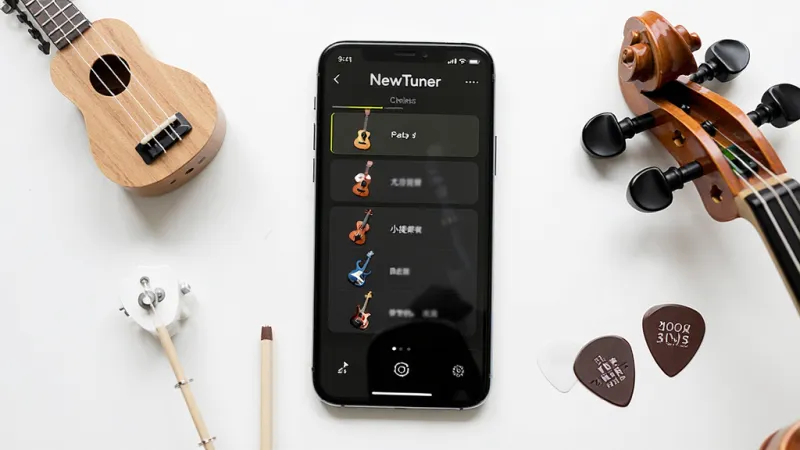 一张展示NewTuner多乐器支持功能的图片,画面中一部手机平放在桌面上,手机屏幕显示NewTuner的乐器选择菜单,菜单中列出吉他、尤克里里、小提琴、贝斯等选项,手机周围环绕着迷你尤克里里、小提琴琴头和吉他拨片等小物件,布局整齐,风格清新明亮,画质干净,无多余元素