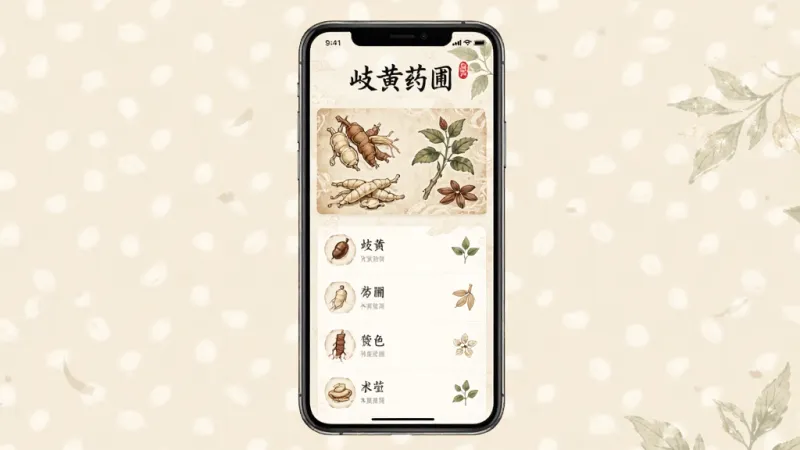 一款名为“岐黄药圃”的手机应用界面展示,画面中央是打开的手机屏幕,屏幕内显示着古朴的中药材插画和整齐的图文列表,背景是淡雅的米黄色,布局简洁清晰,风格是清新国风手绘,细节上带有淡淡的草药纹理,画质干净明亮,无多余元素