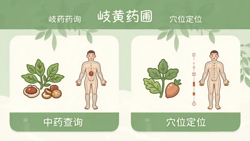 一张展示“岐黄药圃”应用内工具页面的图片,画面中并排展示着“中药查询”和“穴位定位”两个功能卡片,卡片上有精致的草药图标和人体经络简图,布局对称,风格是扁平化插画风,细节上图标圆润可爱,画质干净整洁,无多余元素