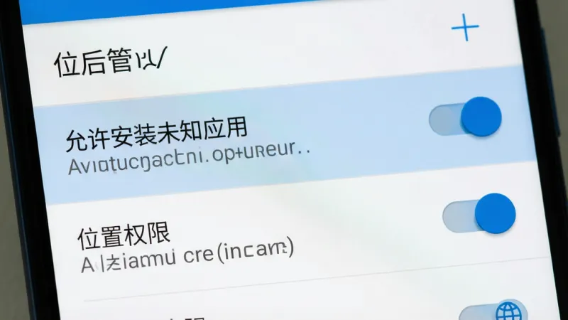 一张展示手机设置界面的图片,主体是安卓手机的权限管理页面,屏幕上高亮显示「允许安装未知应用」和「位置权限」的开关按钮,布局为列表形式,风格为写实系统界面风,细节清晰展示开关状态和文字标签,画质干净,无多余元素。