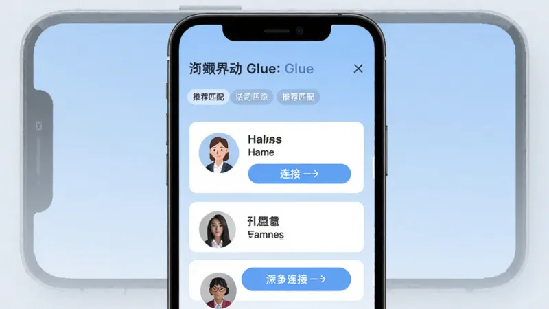 My Glue 应用内参会者智能匹配界面,手机屏幕居中展示,屏幕上方显示活动名称和推荐匹配标签,中部为三张参会者资料卡片纵向排列,每张卡片包含头像、姓名、公司和连接按钮,背景为淡蓝色渐变,风格现代扁平,画质干净,无多余元素