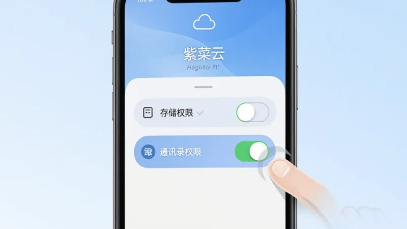 一张展示“紫菜云”手机端权限设置引导界面的图片,画面中一部手机屏幕上显示着存储权限、通讯录权限的开关按钮,旁边有手指点击的动画示意,背景是浅蓝色渐变,风格简洁明了,画质干净,无多余元素