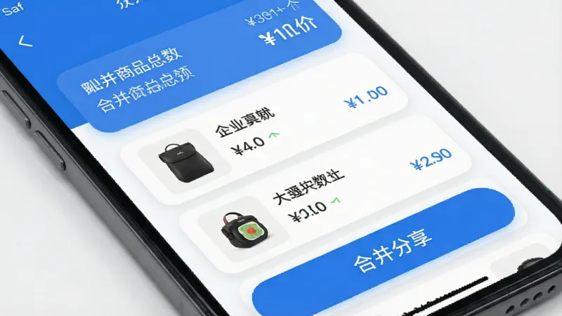 合并众选 手机屏幕展示商品合并清单界面 主色调为蓝白配色 顶部显示合并商品总数和总价 中间是多个商品卡片纵向排列 每个卡片包含商品小图、名称、价格 底部有合并分享按钮 整体布局清晰 风格现代扁平 细节圆润 画质干净无多余元素
