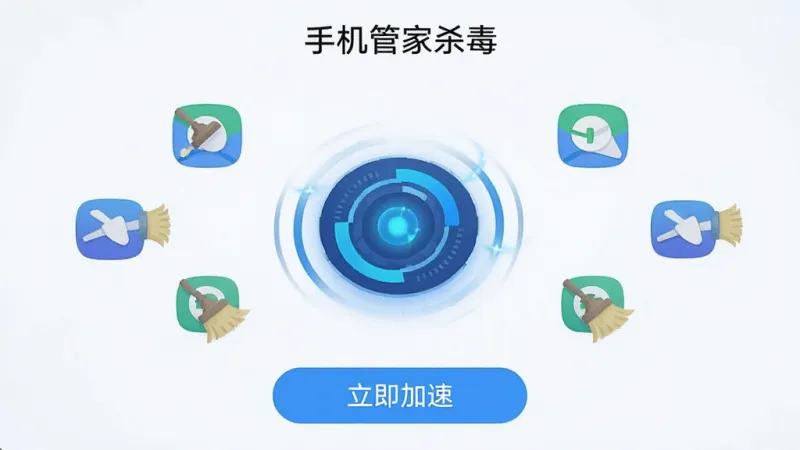 手机管家杀毒内存加速功能界面,浅色背景,中央是一个动态的加速引擎图标,周围环绕着正在被清理的后台应用图标,底部有“立即加速”按钮,界面顶部显示“手机管家杀毒”文字,风格简洁现代,画质干净,无多余元素