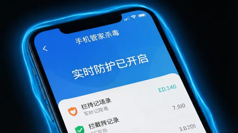 手机管家杀毒实时防护功能界面,手机屏幕边缘有一圈蓝色的光晕在流动,中央显示“实时防护已开启”字样,下方有拦截记录列表,界面顶部显示“手机管家杀毒”文字,风格安全可靠,画质干净,无多余元素